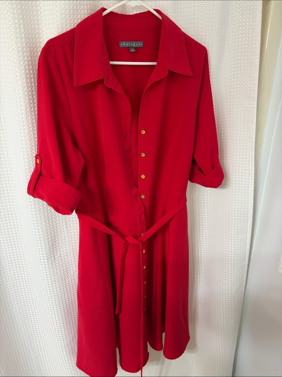Sharagano Dresses & Skirts - Sharagano Vibrant Red Button-Front Midi Shirt Dress with Belt